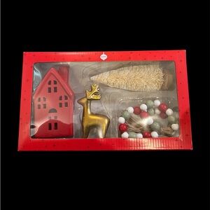 Holiday Home Decor Set with Red House and Gold Reindeer